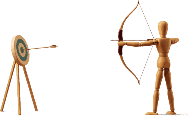 A wooden mannequin aiming a bow at a target.