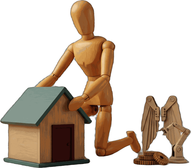A wooden mannequin building a small house, augmentation parts set aside.