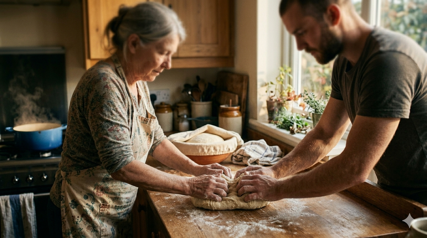 An older woman in her late sixties and a young man in his twenties at a worn wooden kitchen counter, all four of their hands in the same ball of sourdough - she guides, he follows, flour dust catches the warm afternoon light, a pot simmers on the stove behind them.