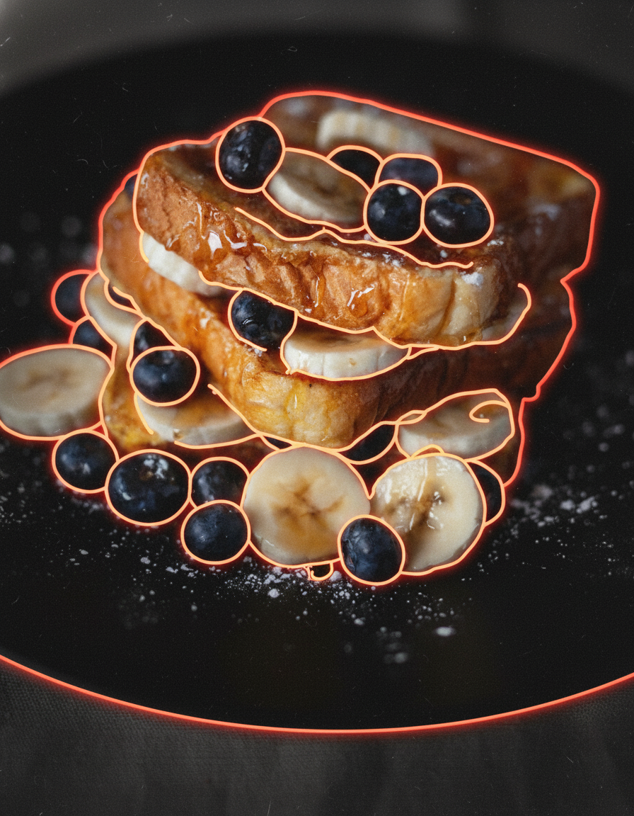 Decode Camera HUD overlay on a plate of French toast with bananas and blueberries - orange outline tracing the food edges, hyperstimulus pattern named on the scene