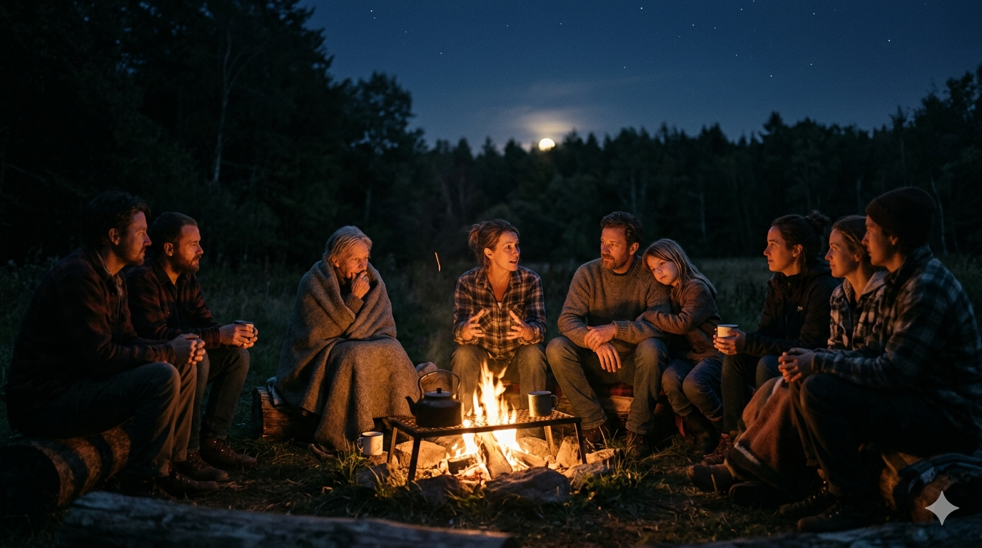 A small evening fire at the center of a loose circle of nine people - seated on the ground, wrapped in blankets, holding mugs, some in quiet talk, one mid-story, a child leaning on an adult. Clearing at a forest edge, moon low on the horizon, stars above.