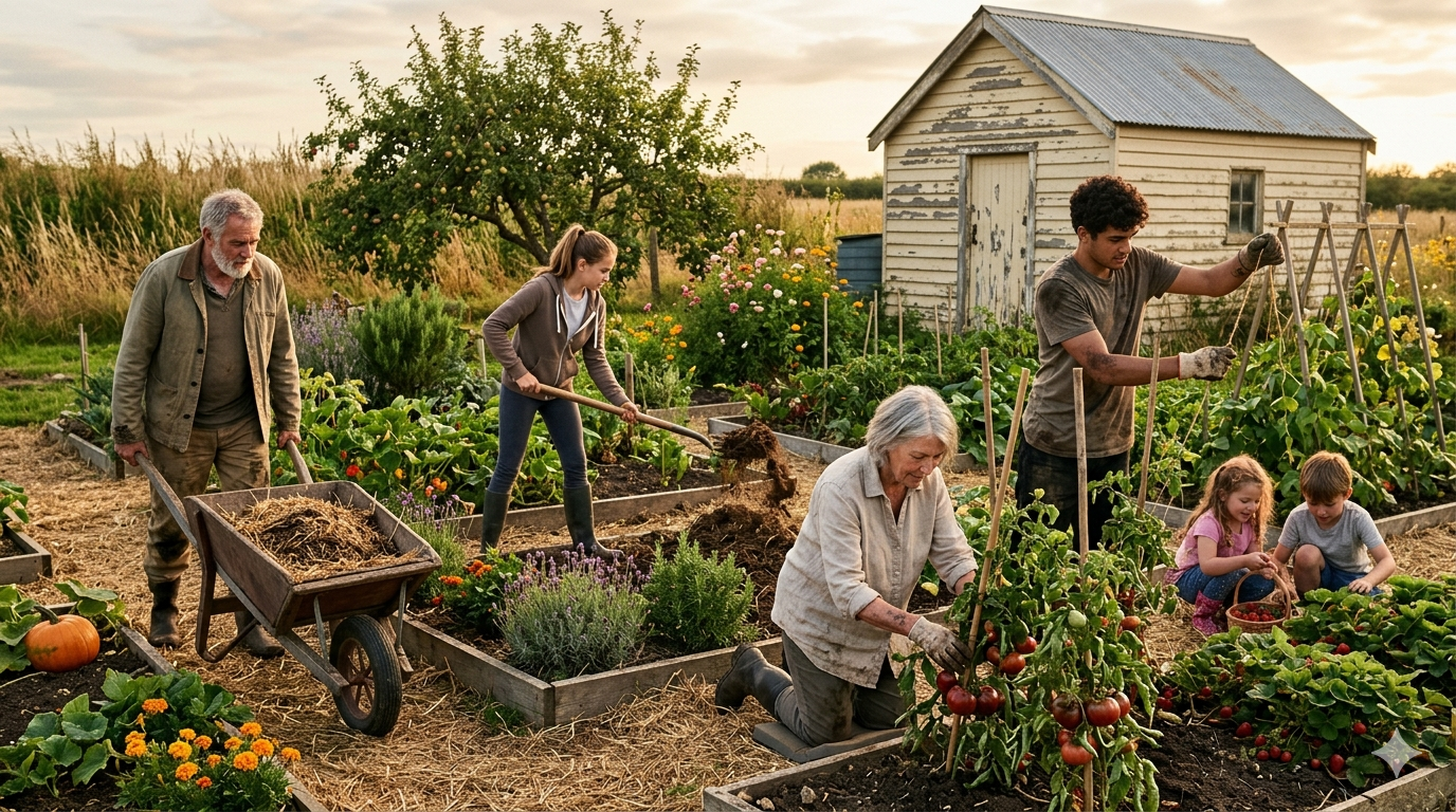 A scruffy community garden in late afternoon golden light - six people of mixed ages tending raised beds, a wheelbarrow, tomatoes on the vine, a weathered shed, an apple tree behind