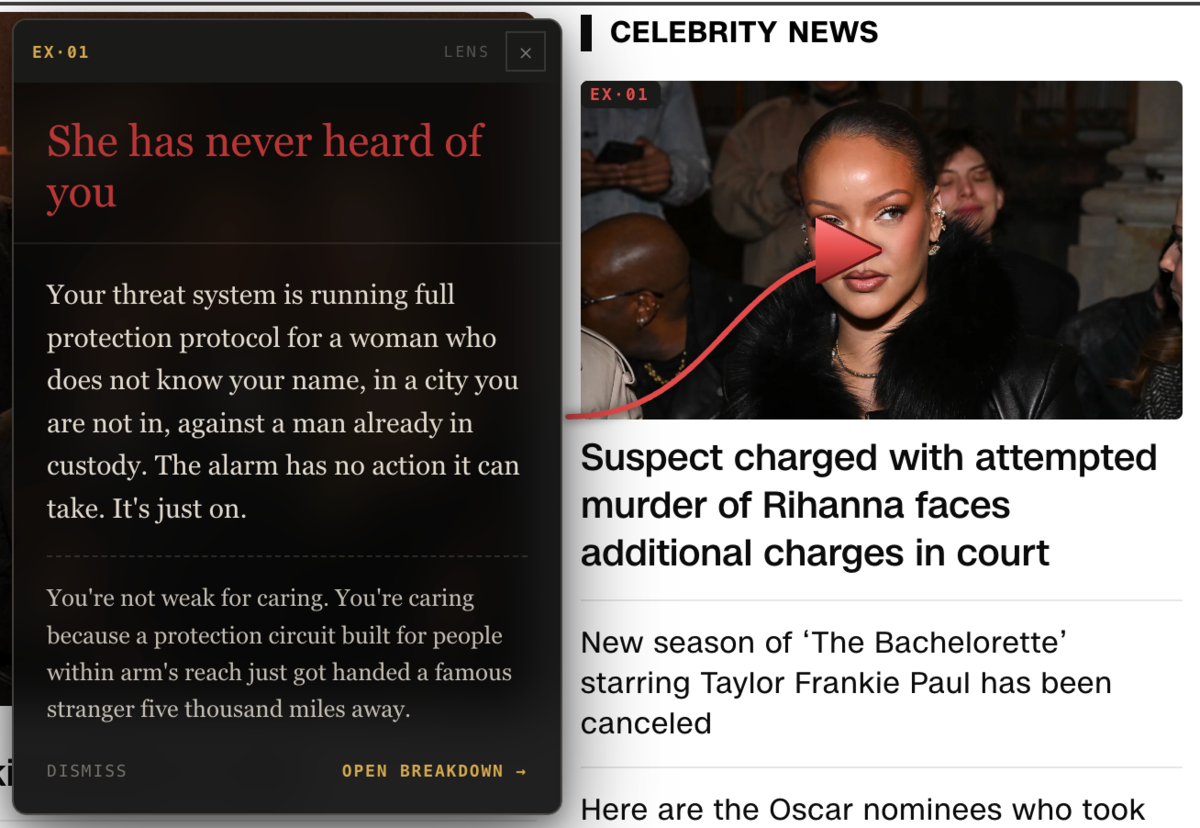 Decode Web annotating a celebrity news article about a suspect charged in the Rihanna stalking case - the EX·01 panel reads 'She has never heard of you', naming the threat-system mechanism firing for a stranger five thousand miles away