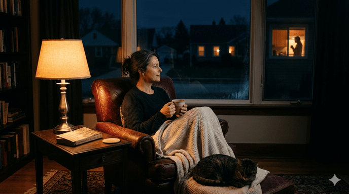 A woman in her fifties in an armchair at 3am, mug of tea, blanket across her lap, cat at her feet, looking out a window where a distant neighbor's house has a warm light and the faint silhouette of another person also awake at their own window.