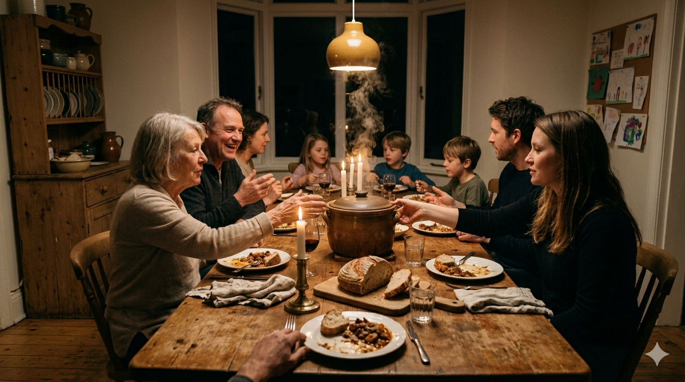 A scarred wooden dining table seats eight people on a Tuesday evening - candles, torn bread, a shared pot, worn wood, children's drawings on the back wall, pure black windows outside