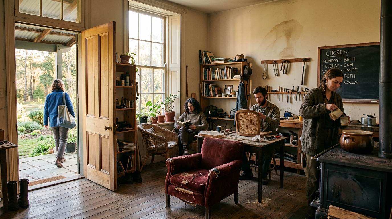 Interior of a shared common room - worn wood floor, an open door to a garden beyond, a red armchair in the middle, three people each in their own activity (one reading in a wicker chair, one re-caning a chair, one pouring from a pot on a wood stove), a chores chalkboard on the wall, and a fourth person just walking out the door.